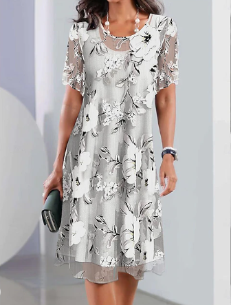 Damers elegante chiffonkjole Blomsternetting med rund hals Midi-kjole Daglig ferie Kortermet Sommer Våren